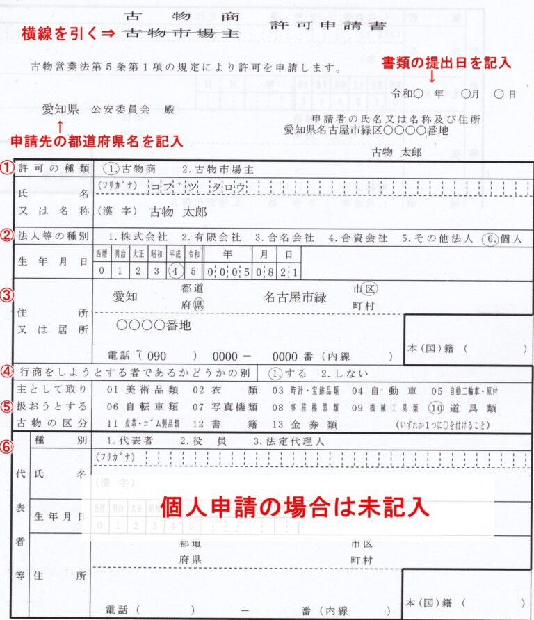 【2024年版】古物商許可申請書の書き方(個人)を行政書士が解説【記入例付き】